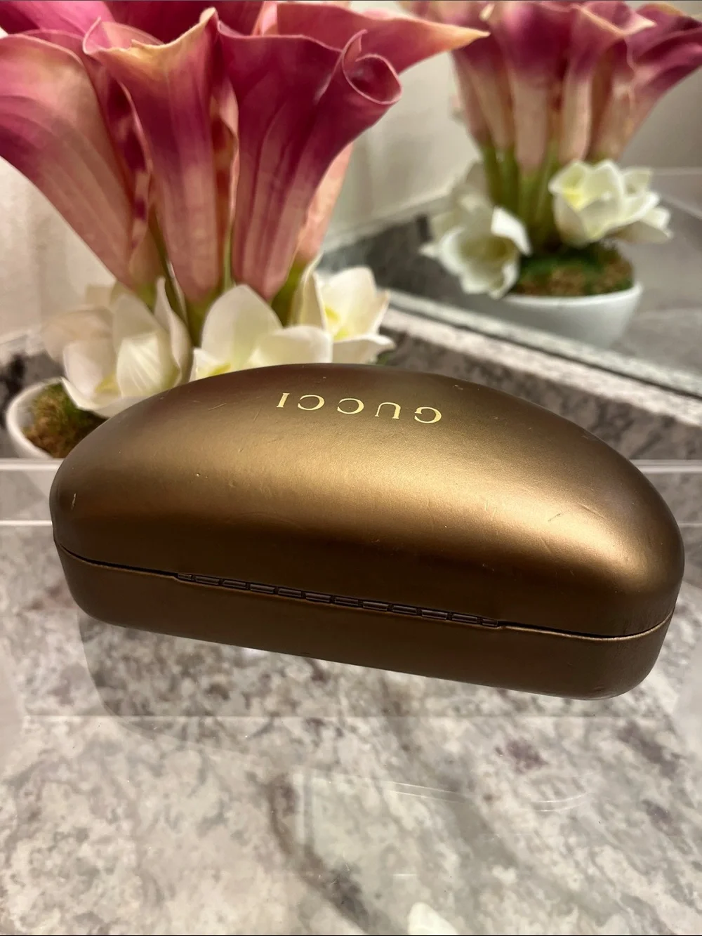 Gucci Metallic Gold Eyeglass Case with Brown Interior